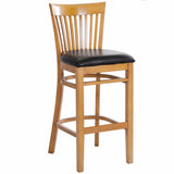 CWB-6239BS  Mahogany And Walnut Finished Vertical Slat Back Wooden Restaurant Barstool with Black Vinyl Seat - Champs Restaurant Supply | Wholesale Restaurant Equipment and Supplies