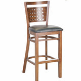 CWB-6259BS Mahogany Finished Slotted Back Wooden Restaurant Barstool with Black Vinyl Seat - Champs Restaurant Supply | Wholesale Restaurant Equipment and Supplies