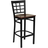 CMB-M890BS Black Window Back Metal Restaurant Barstool with Mahogany Wood Seat - Champs Restaurant Supply | Wholesale Restaurant Equipment and Supplies