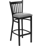 CMB-M842BS Black Vertical Back Metal Restaurant Bar Stool with Custom Upholstered Seat - Champs Restaurant Supply | Wholesale Restaurant Equipment and Supplies